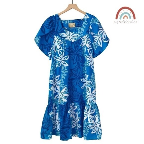 Vintage 90s Hawaiian Floral Tropical Blue Dress - Picture 1 of 9